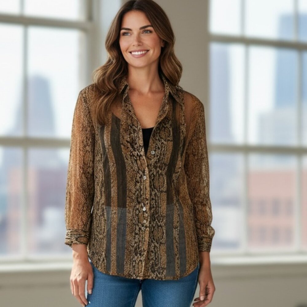 Chico's Button Up Shirt Snakeskin Print Sheer Sz 2 (L/ 12) Tan #209C